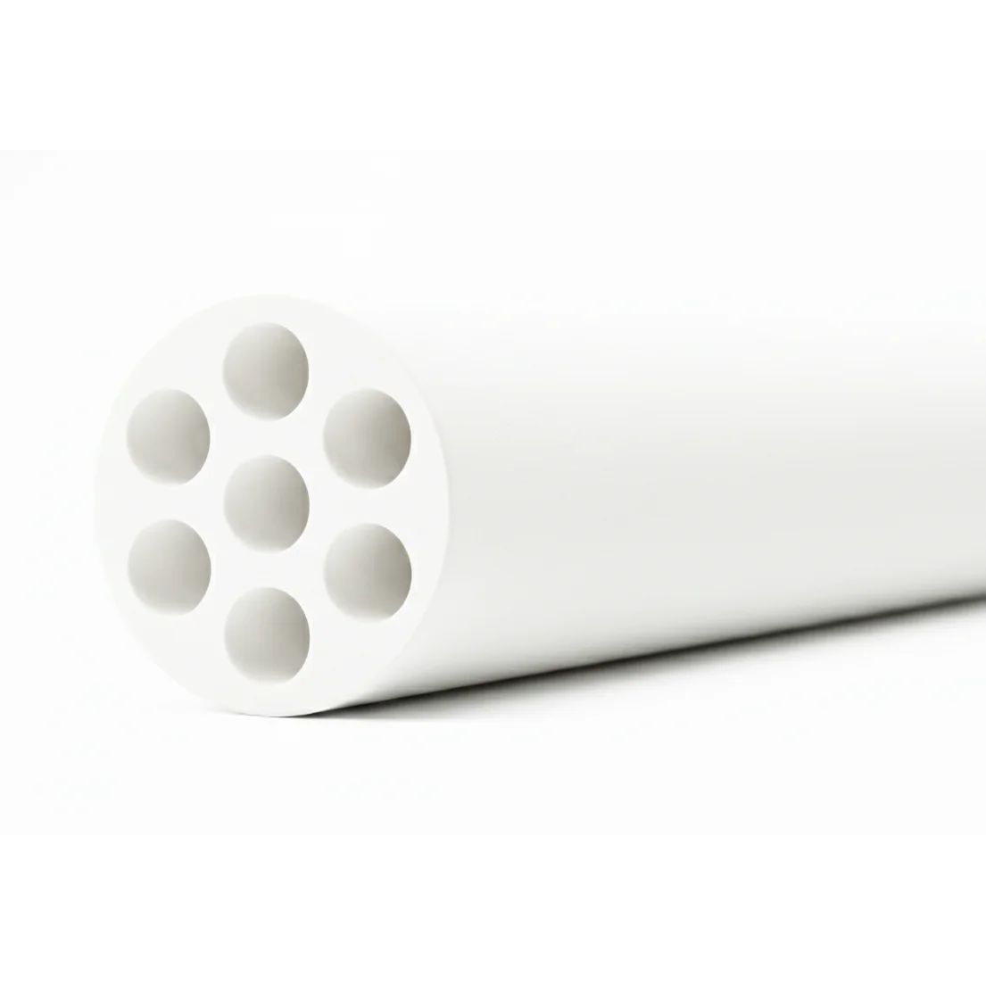 3D view of NPC-M-2507 multichannel ceramic membrane element with tubular  body and internal channels