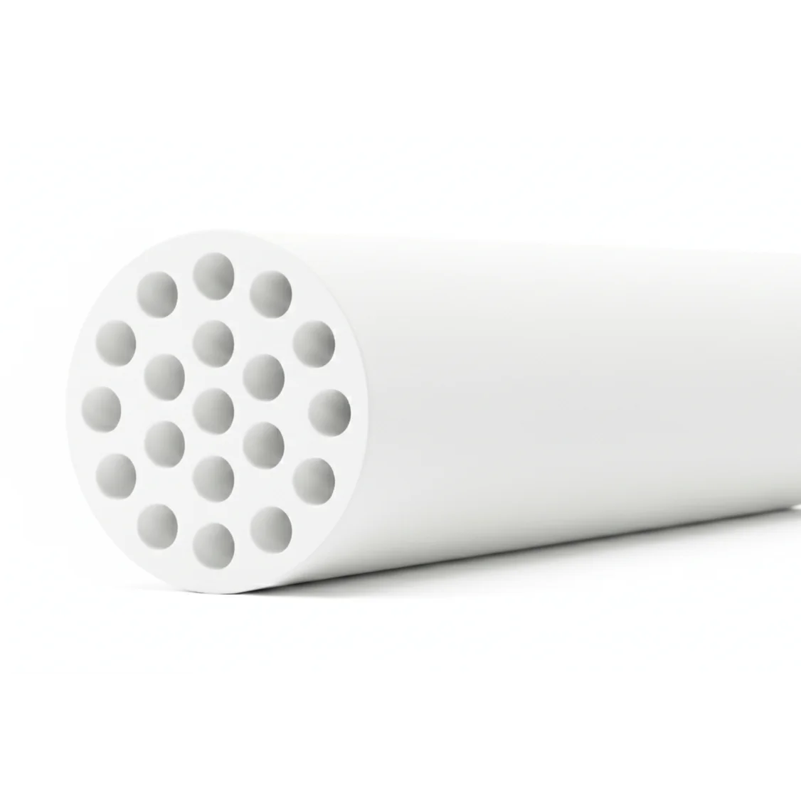 3D view of NPC-M-2519 multichannel ceramic membrane element with tubular  body and internal channels