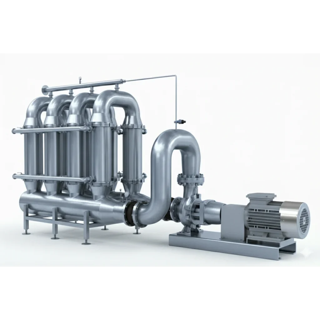 Multichannel tubular ceramic membrane module in stainless steel housing showing flange connections and pressure vessel body.