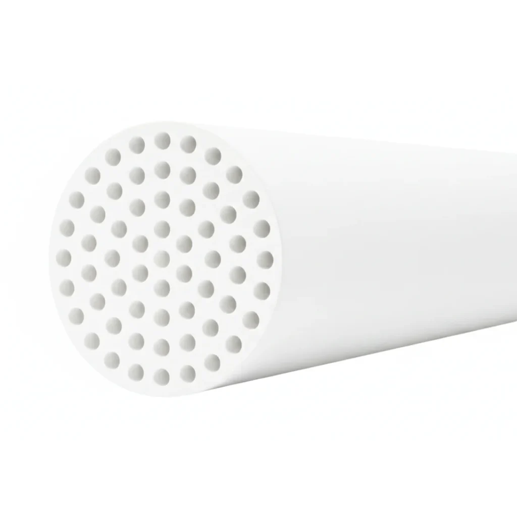 3D view of NPC-M-3061 multichannel ceramic membrane element with tubular  body and internal channels and control panel.